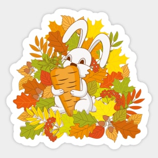 cartoon cute bunny keeping carrot into autumn foliage Sticker